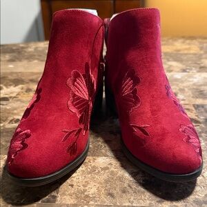 Journee Collection Red Suede Floral Embroidered Ankle Booties